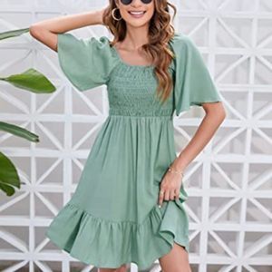 KOJOOIN Women's Casual Square Neck Short Ruffle Sleeve Summer Beach Dress